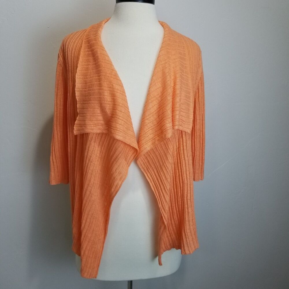 Eileen Fisher Sweater Large 100% Linen Fine Gauge Cardigan Ribbed Open Front